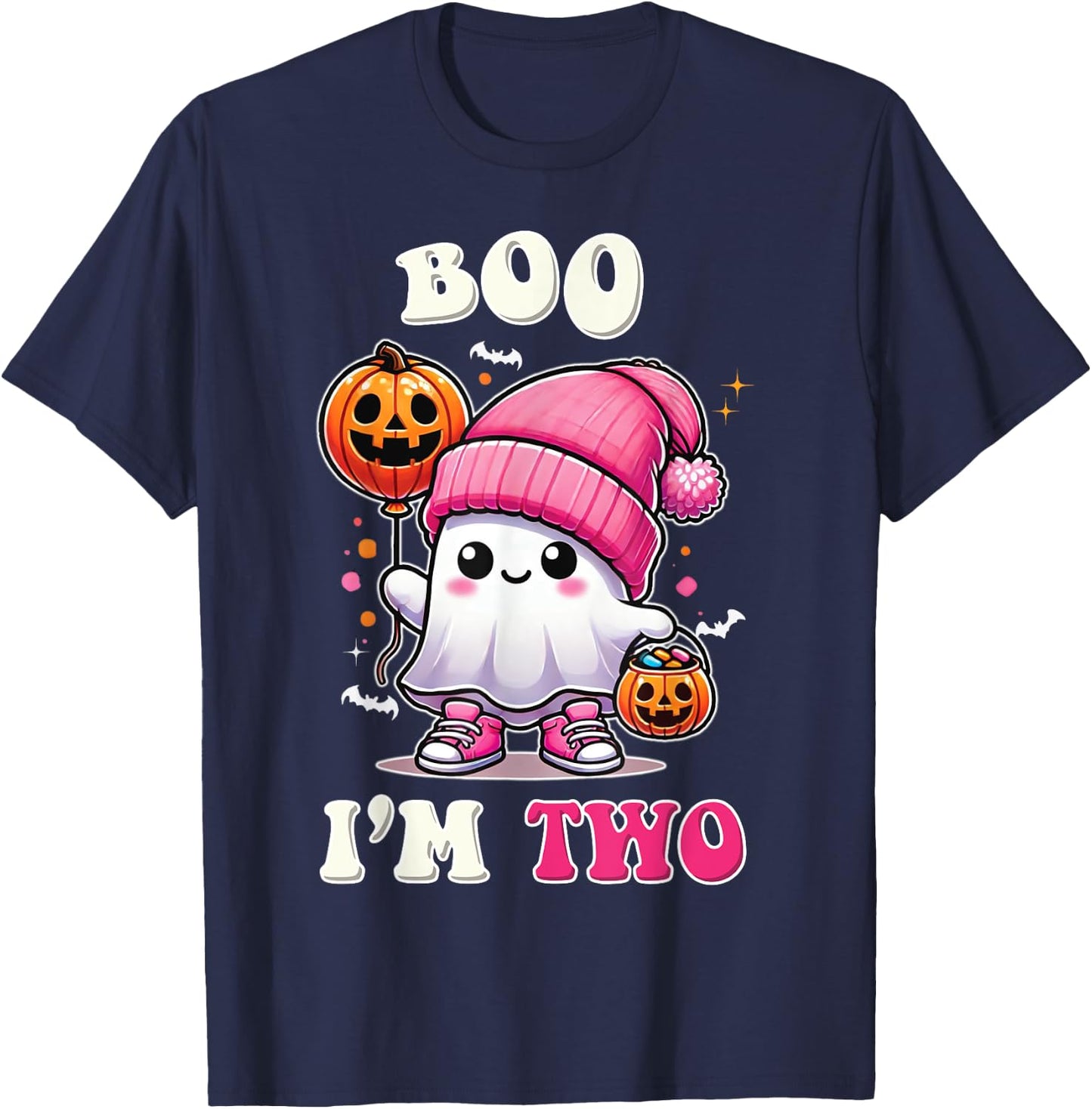 Boo I'm Two Ghost 2nd Birthday Halloween Pink Bow Girl T-Shirt - T-Shirt | Navy