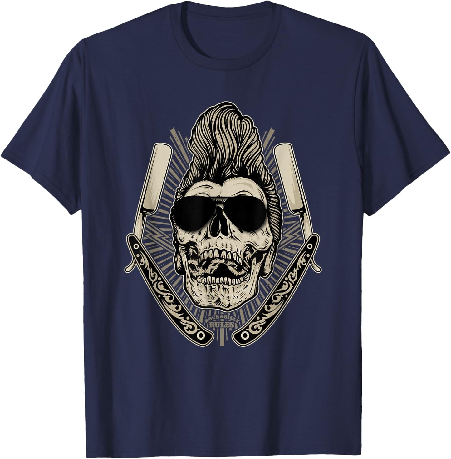 Rockabilly Skull Psychobilly Vintage Greaser Bikers T Shirt T-Shirt - T-Shirt | Navy