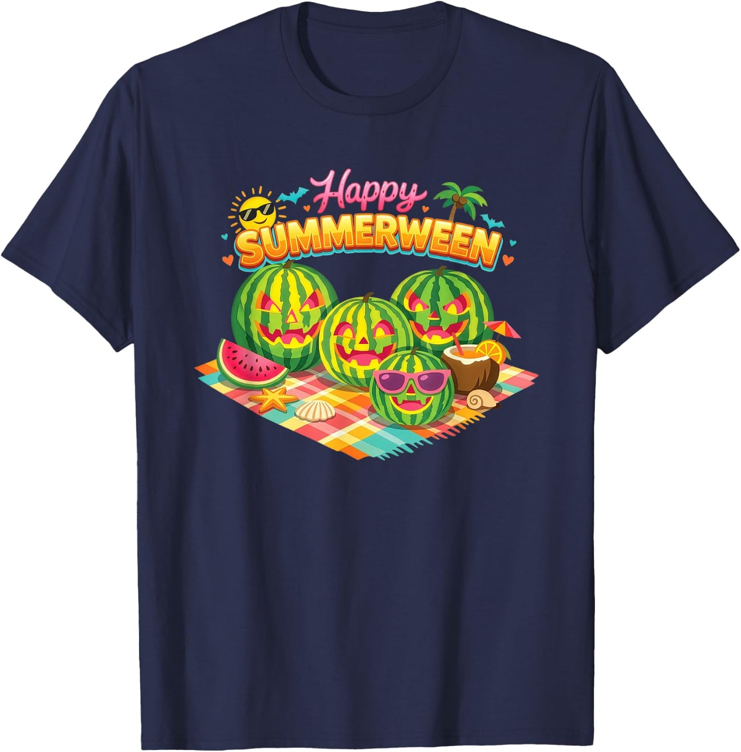 Happy Summerween Watermelon Jack O Lanterns Picnic T-Shirt - T-Shirt | Navy