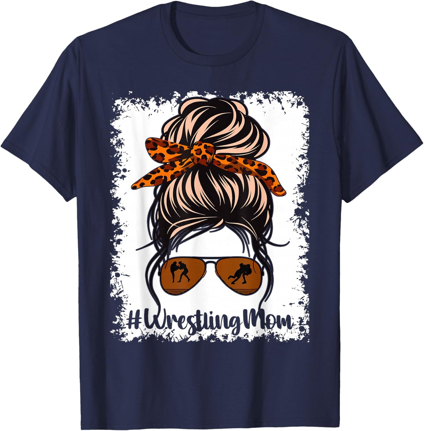 Bleached Life Wrestling Mom Leopard Messy Bun Glasses T-Shirt - T-Shirt | Navy