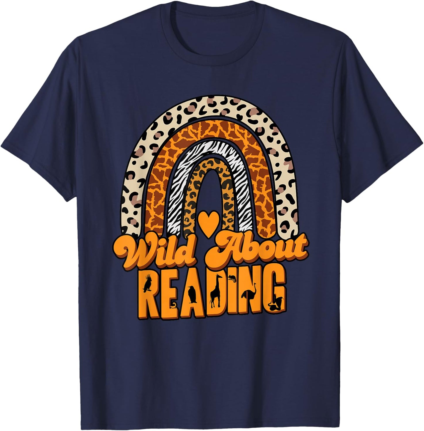 Wild About Reading Books Teacher Leopard Rainbow T-Shirt - T-Shirt | Navy