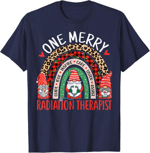 One Merry Radiation Therapist Rainbow Christmas Gnomes T-Shirt - T-Shirt | Navy