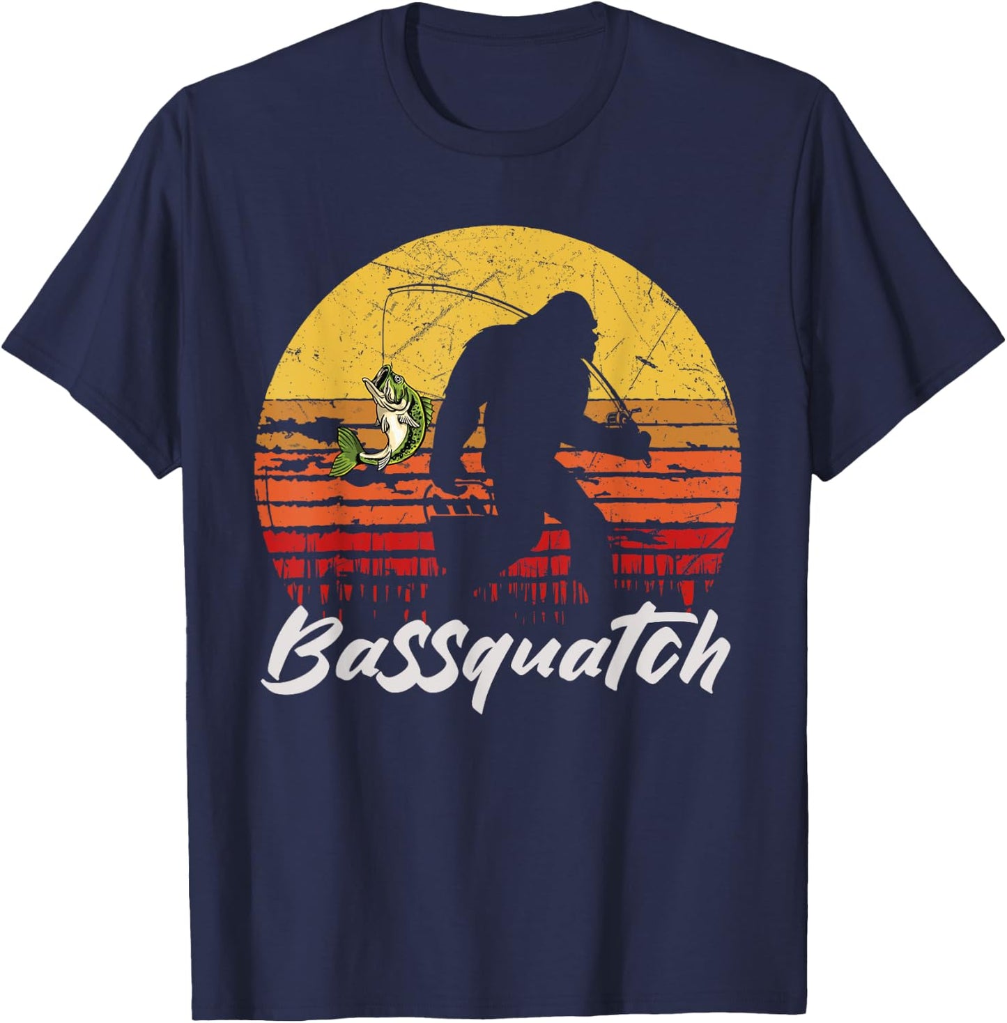 Man Outdoor Fishing Bassquatch Bigfoot Bass Fish Vintage T-Shirt - T-Shirt | Navy