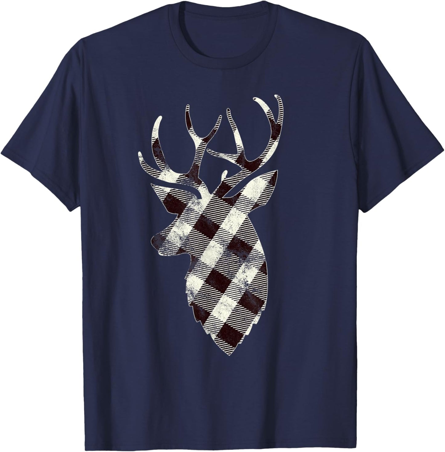 Deer Head Silhouette Gift White Buffalo Plaid Christmas T-Shirt - T-Shirt | Navy