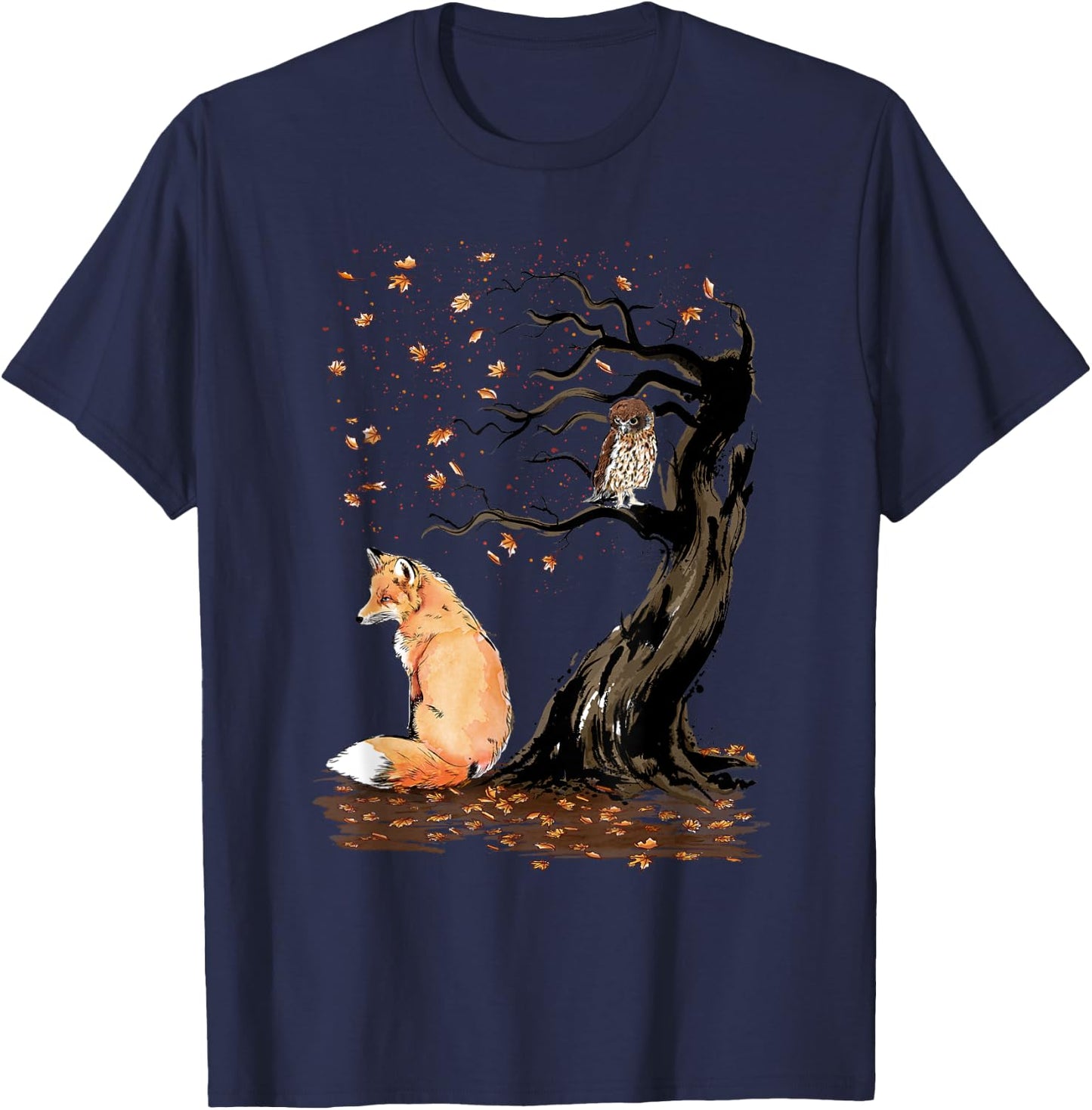 Winds of autumn Sumi-e The fox and the Owl T-Shirt - T-Shirt | Navy