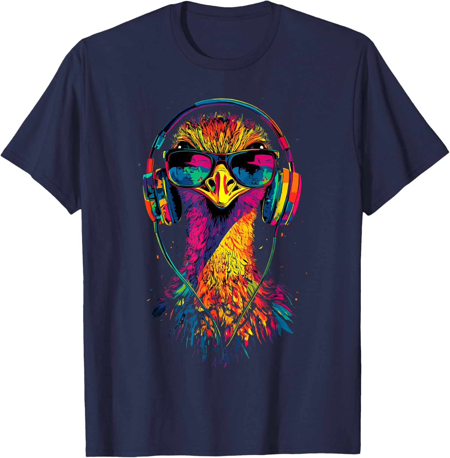 Ostrich Bird with Headphones Colorful Emu Music DJ , Black, S T-Shirt - T-Shirt | Navy