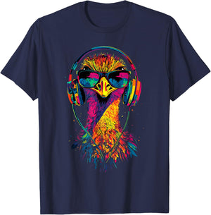 Ostrich Bird with Headphones Colorful Emu Music DJ , Black, S T-Shirt - T-Shirt | Navy