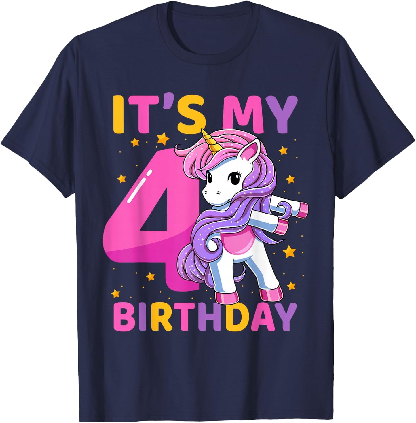 4 Years Old Unicorn Flossing 4th Birthday Party Girls Kids T-Shirt - T-Shirt | Navy