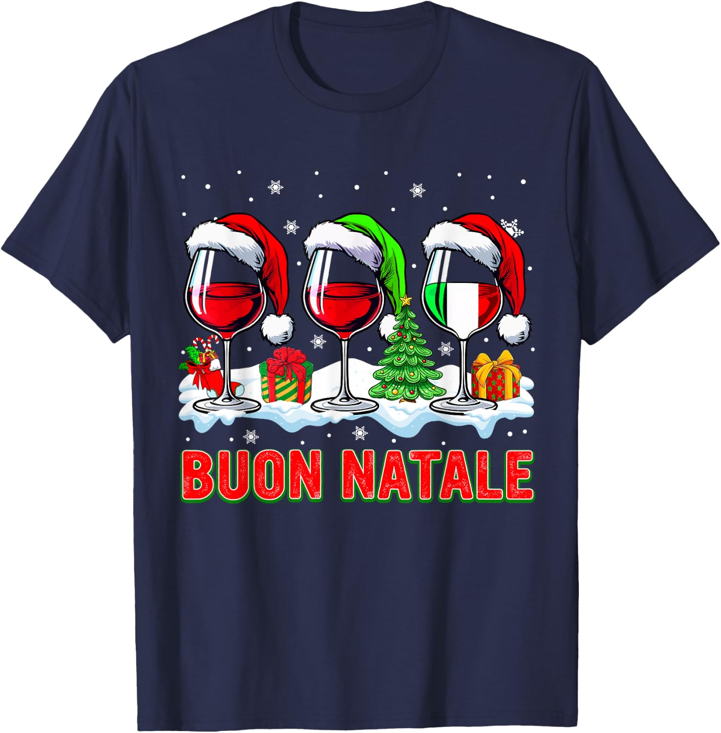 Buon Natale Merry Christmas Italian Three Santa Wine Glasses T-Shirt - T-Shirt | Navy
