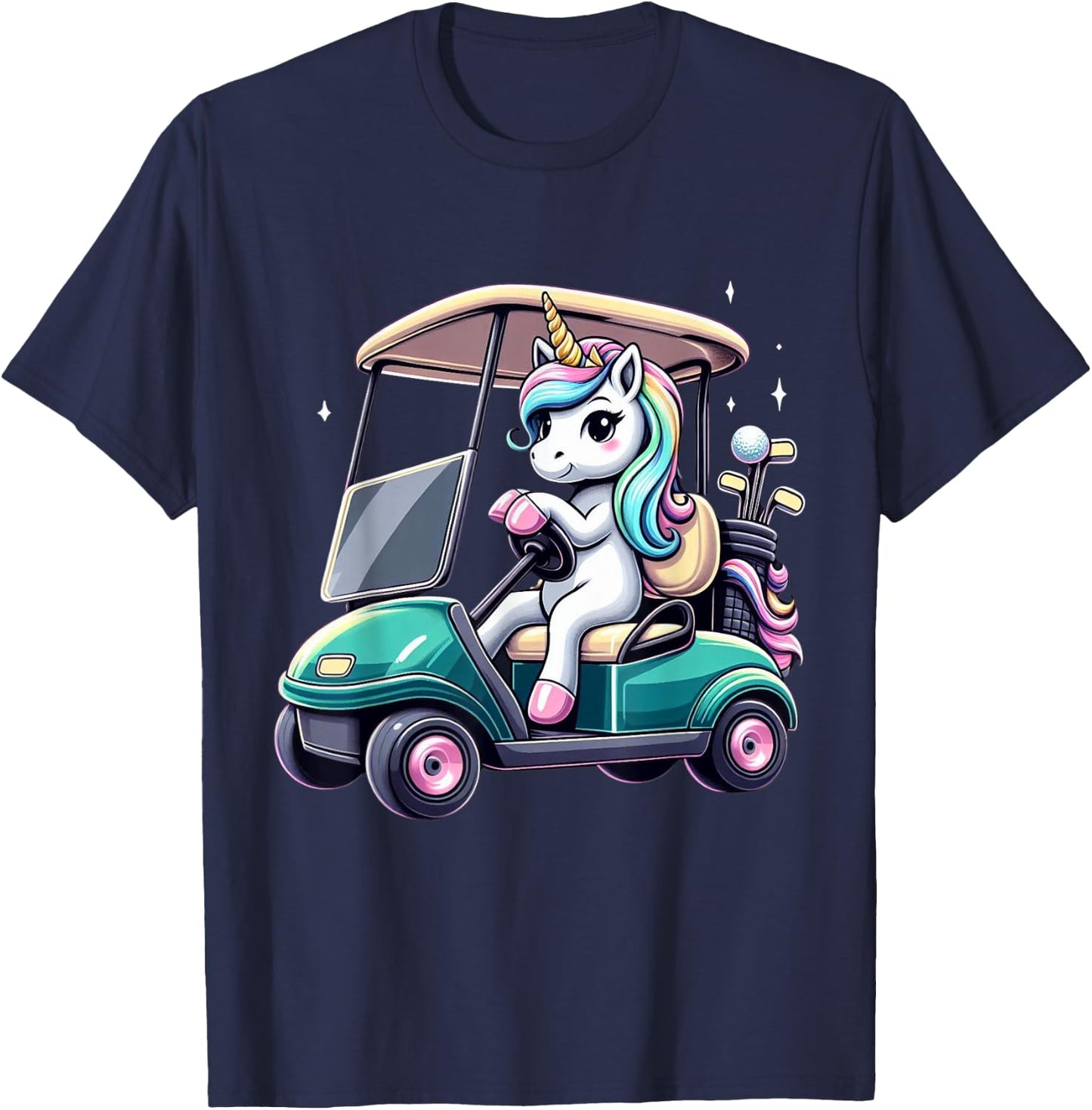 Unicorn Riding Golf Cart Boys Girls Women Kids Teens Rainbow T-Shirt - T-Shirt | Navy