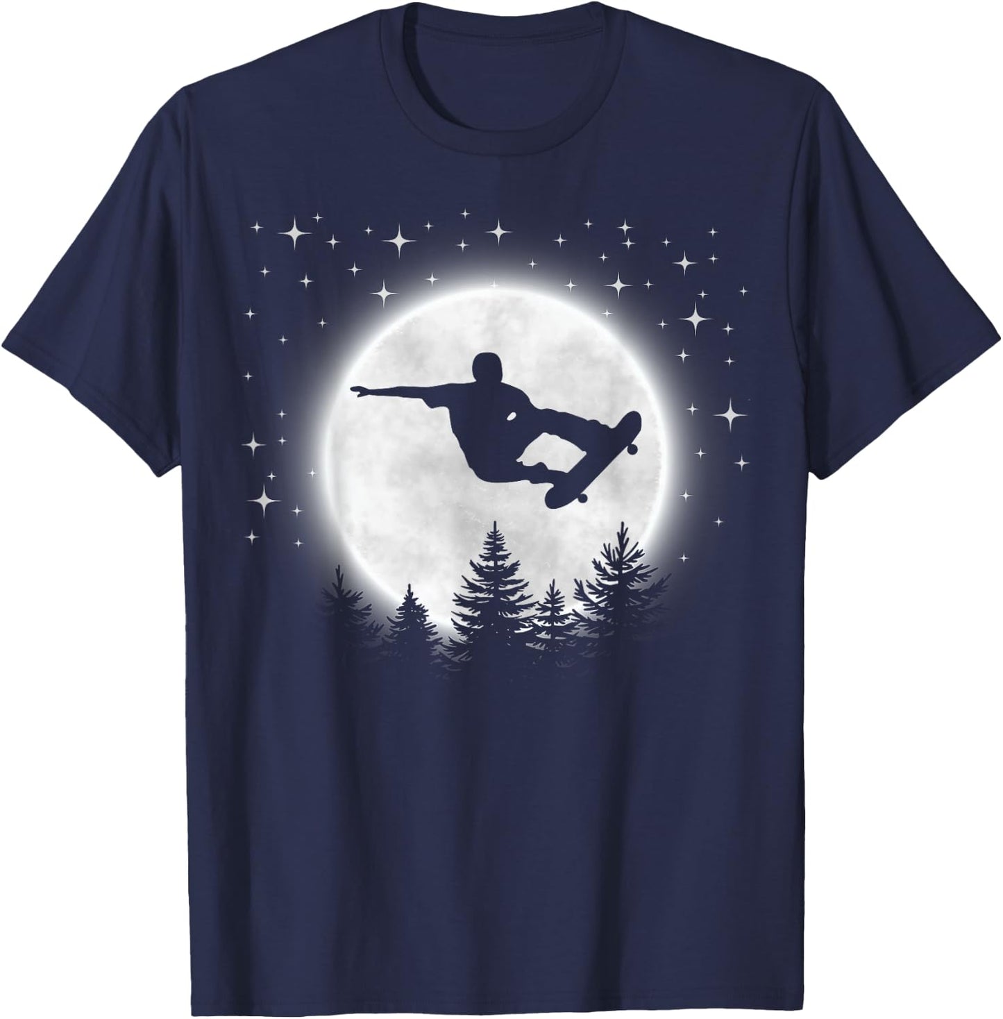 Funny Skateboarder Silhouette Skateboarding Moon Forest T-Shirt - T-Shirt | Navy