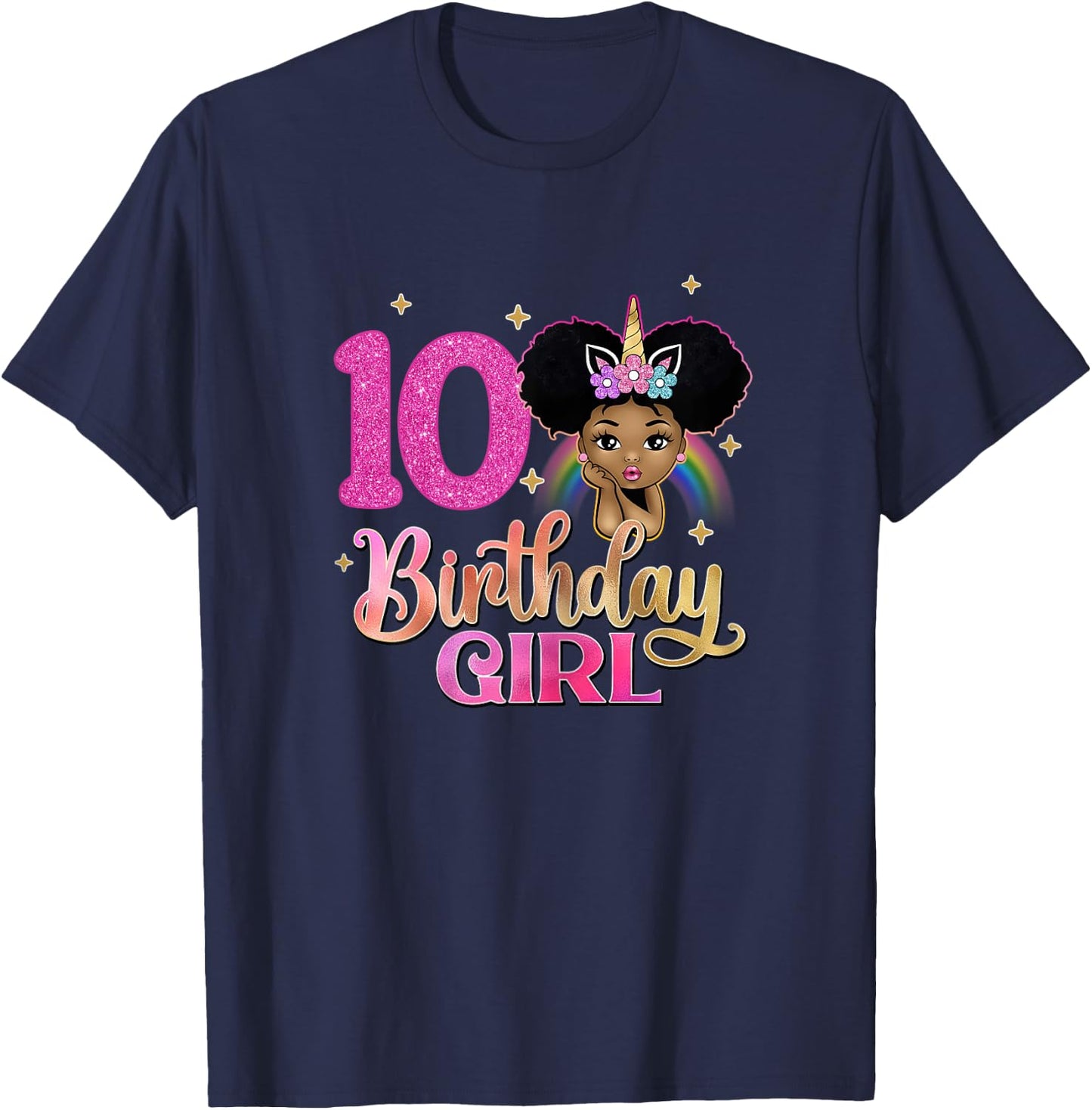 10th Birthday Girl Afro Melanin Unicorn Princess 10 Yrs Old T-Shirt - T-Shirt | Navy
