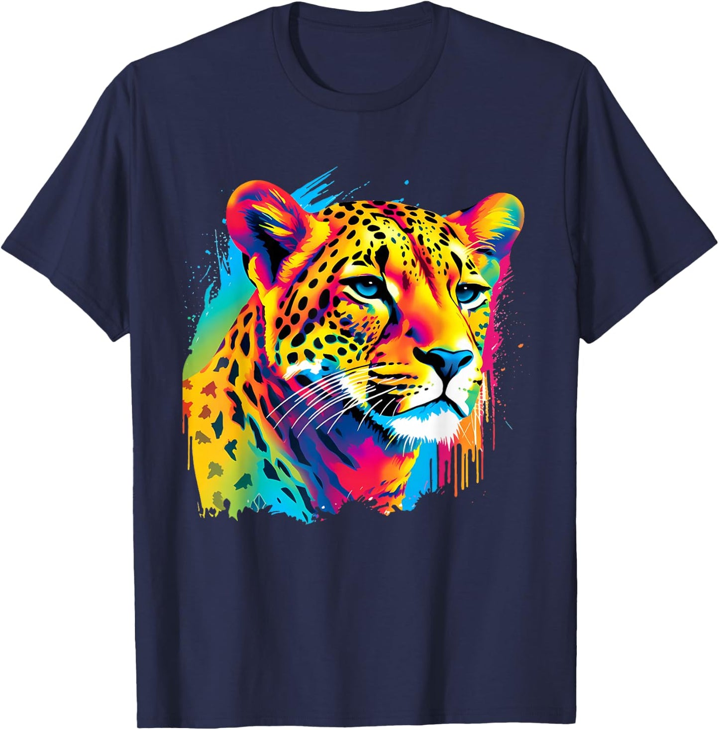 Colorful Cheetah Face Animal Print Big Cat Wildlife Artwork T-Shirt - T-Shirt | Navy