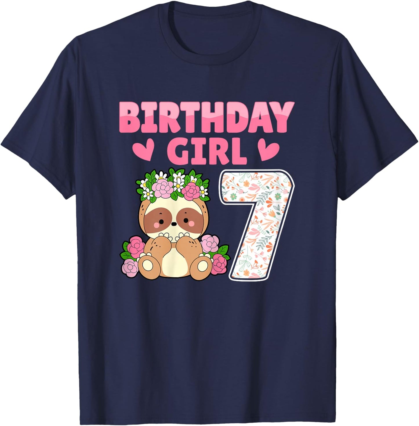 7th Birthday Party Sloth Lover 7 Years Old Birthday Girl T-Shirt - T-Shirt | Navy