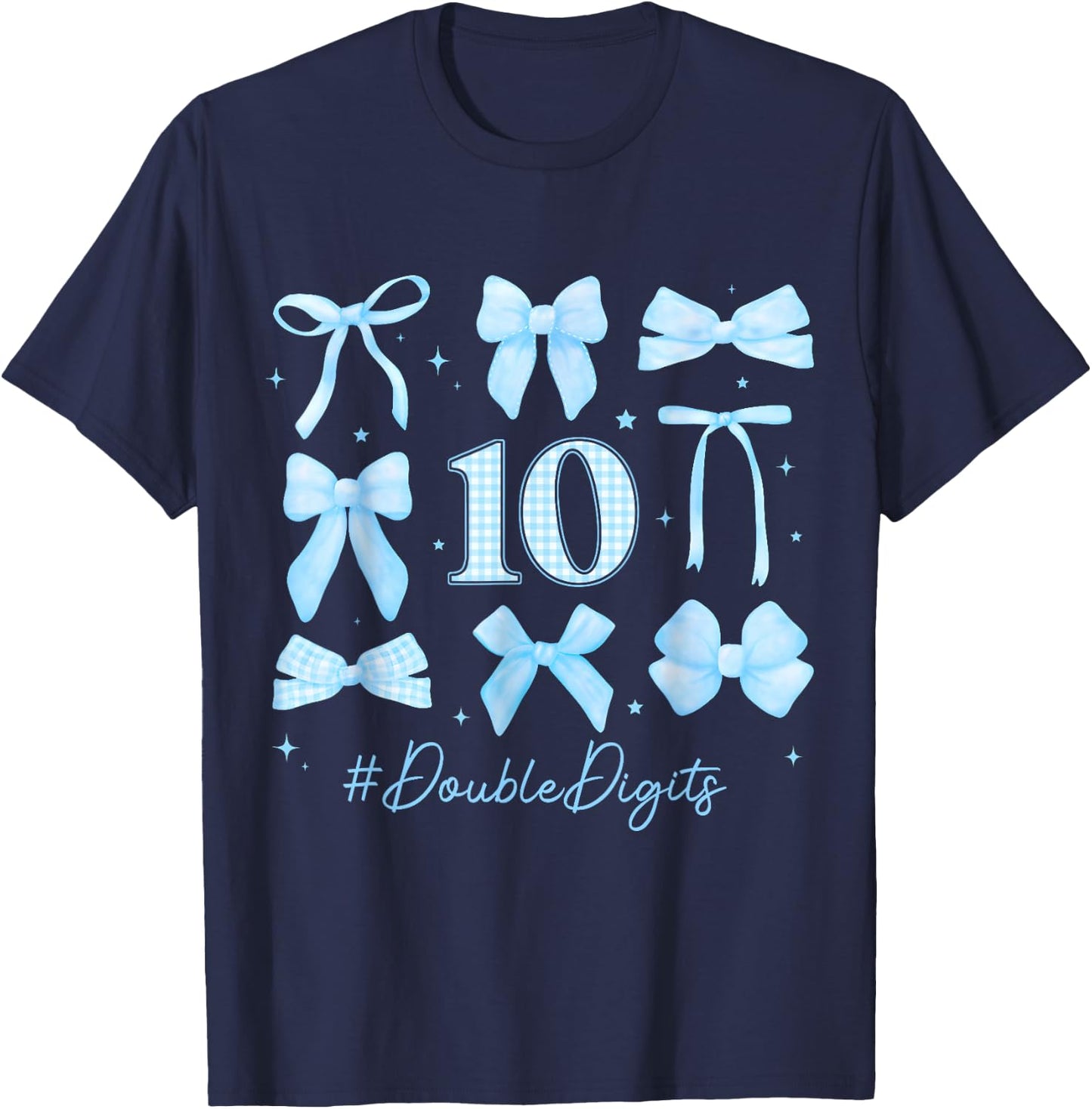 10th Blue Floral Coquette Bow Double Digits Birthday Girl T-Shirt - T-Shirt | Navy