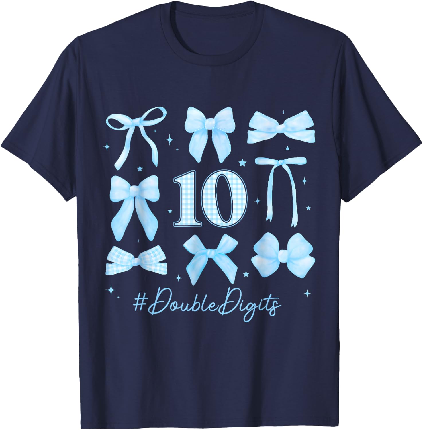 10th Blue Floral Coquette Bow Double Digits Birthday Girl T-Shirt - T-Shirt | Navy