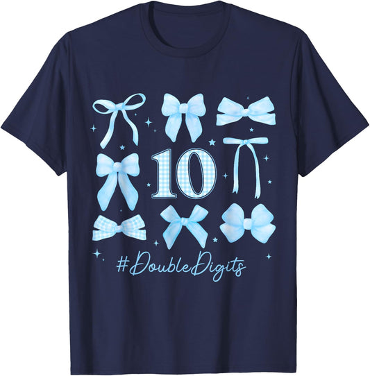 10th Blue Floral Coquette Bow Double Digits Birthday Girl T-Shirt - T-Shirt | Navy