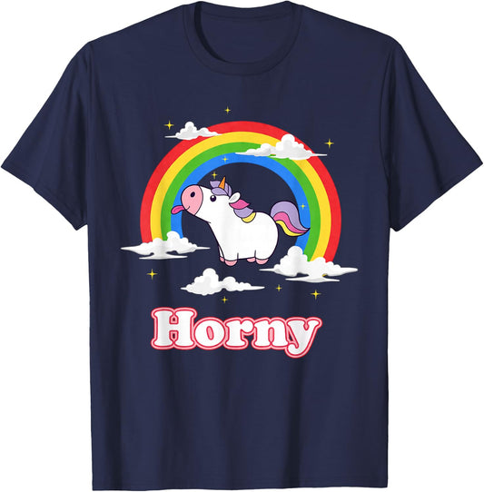 Horny Cute Unicorn Rainbow Funny Fantasy Art T-Shirt - T-Shirt | Navy
