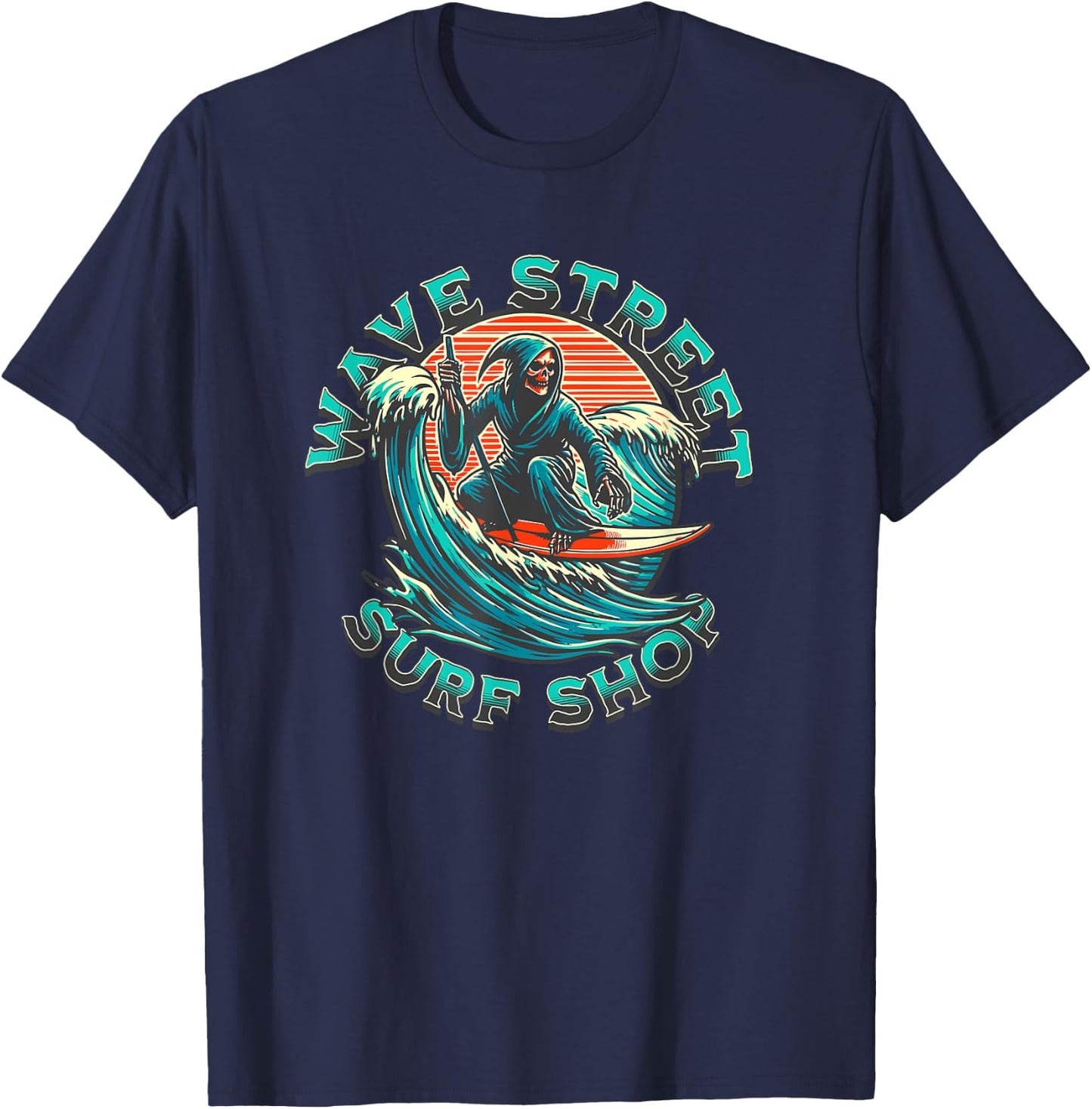 Wave Street Retro Vacation Beach Surfing Skul Graphic T-Shirt - T-Shirt | Navy
