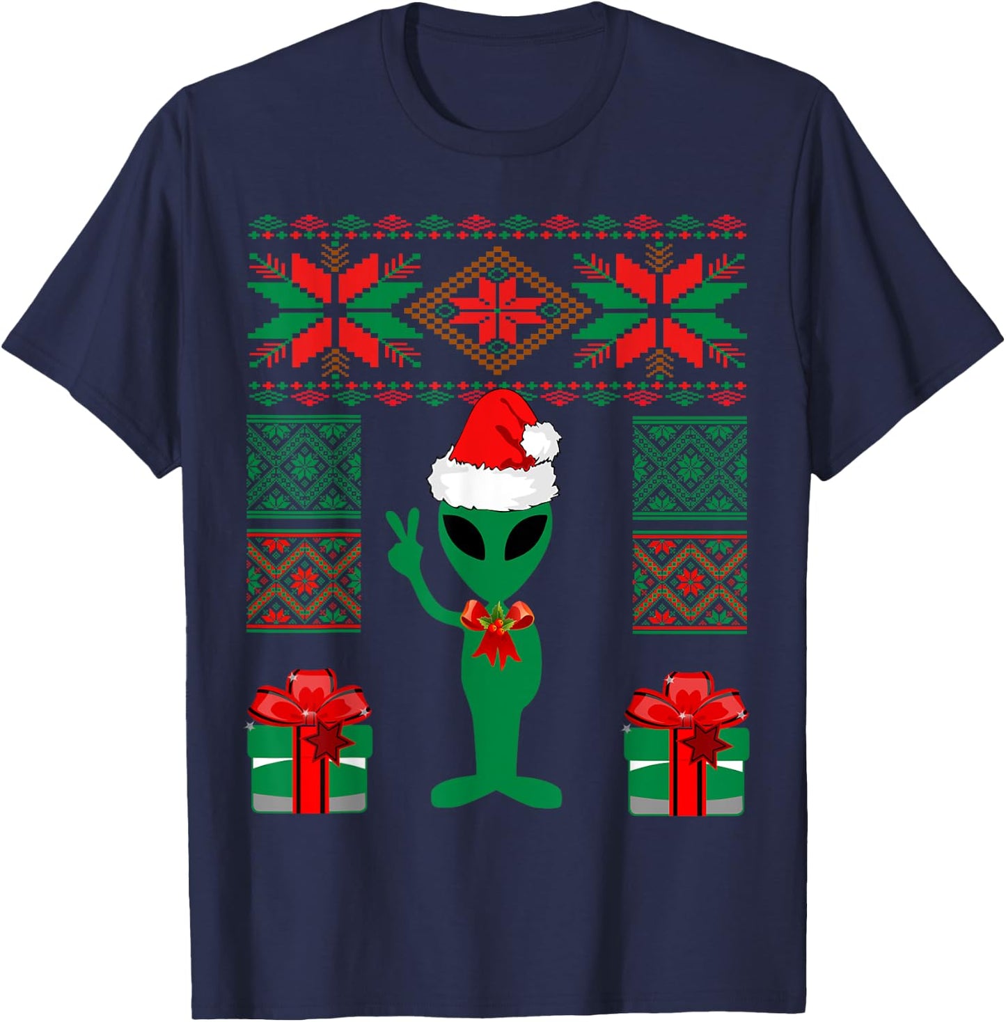Alien Christmas Space UFO Present Peace Sign Santa Hat T-Shirt - T-Shirt | Navy