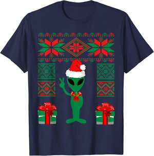 Alien Christmas Space UFO Present Peace Sign Santa Hat T-Shirt - T-Shirt | Navy