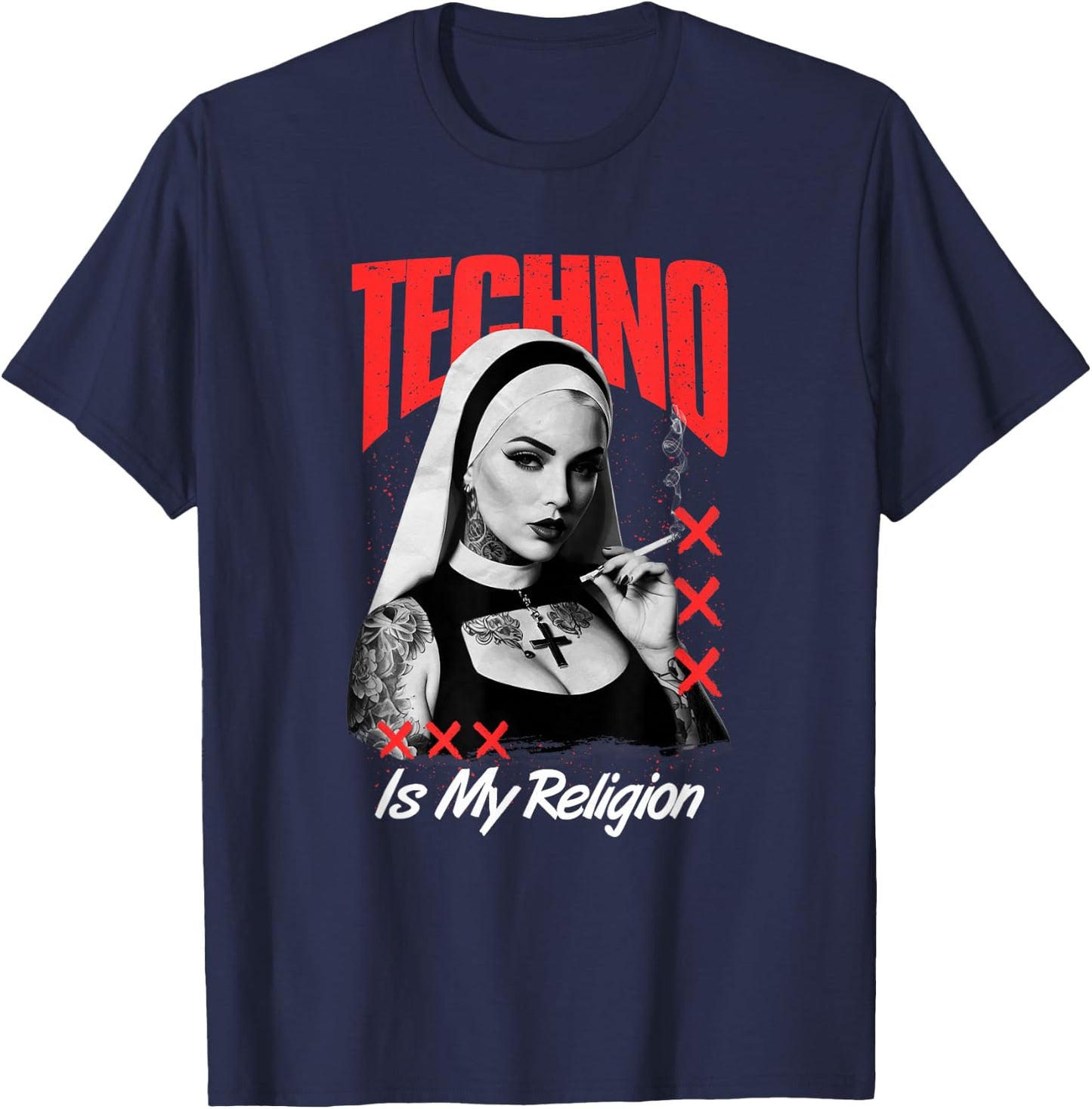 Techno Nun Evening Techno Rave Hardstyle , Black, S T-Shirt - T-Shirt | Navy