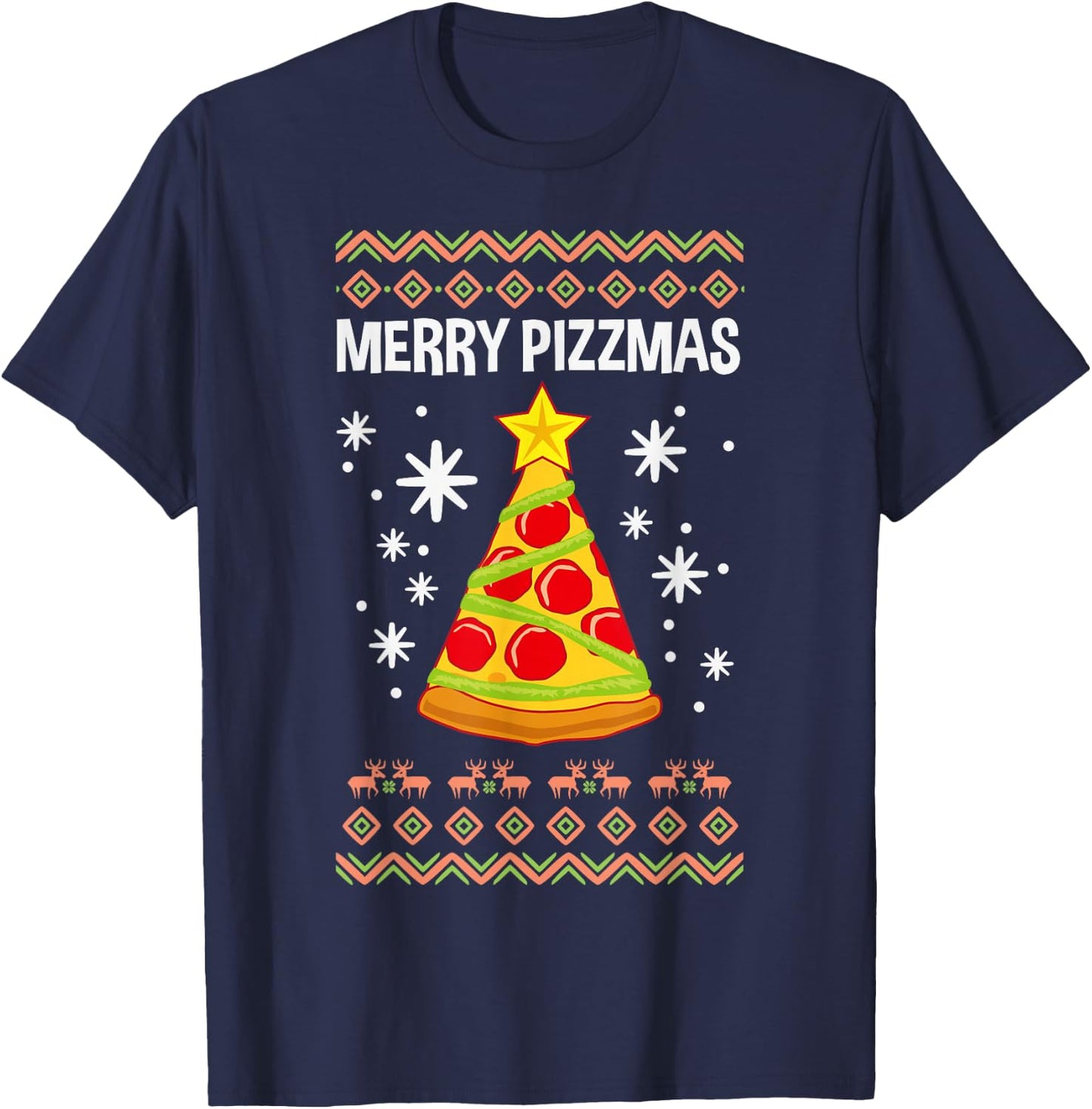Funny Christmas Pizza Merry Pizzmas Ugly Xmas T-Shirt - T-Shirt | Navy