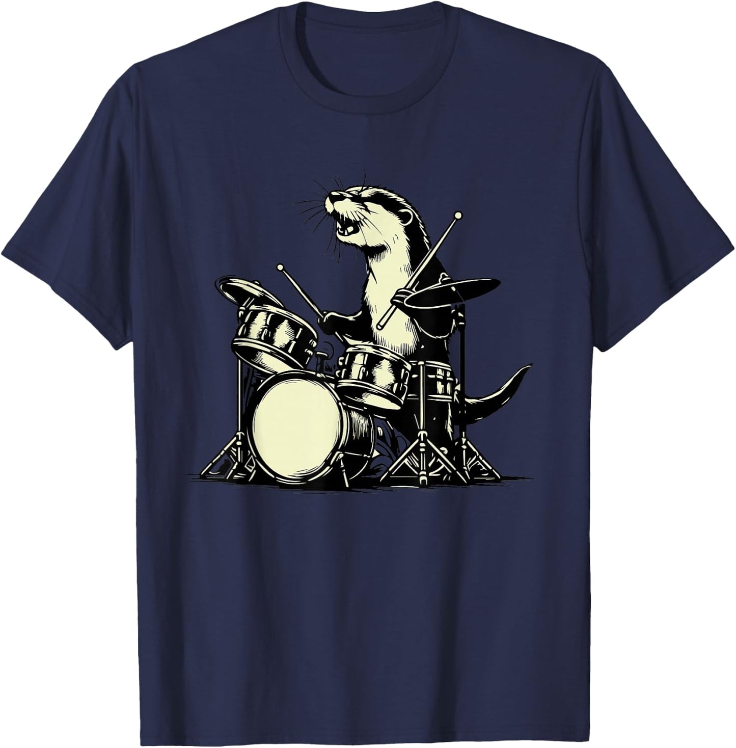 Otter Drummer Rock Retro Drummer Sea Otter Playing Drums T-Shirt - T-Shirt | Navy