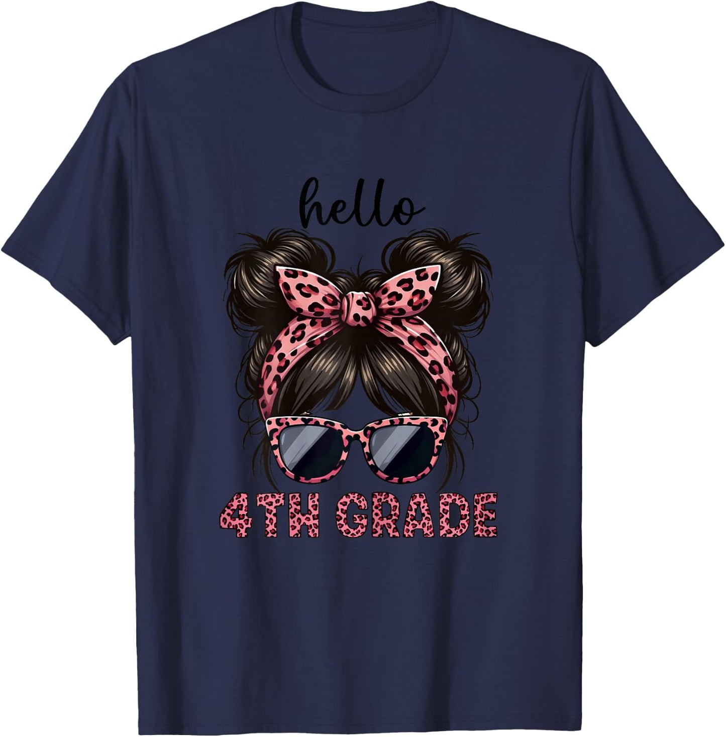 Hello 4th Grade Messy Hair Bun Girl Leopard Back To School T-Shirt - T-Shirt | Navy