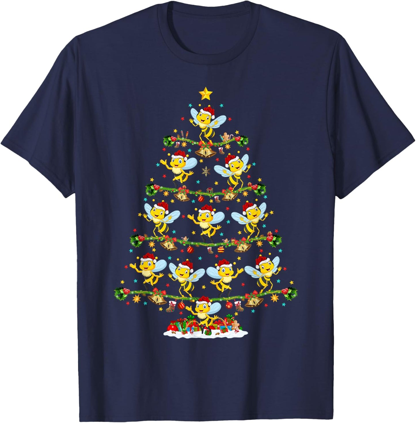 Bee Xmas Tree Lighting Santa Bee Christmas T-Shirt - T-Shirt | Navy