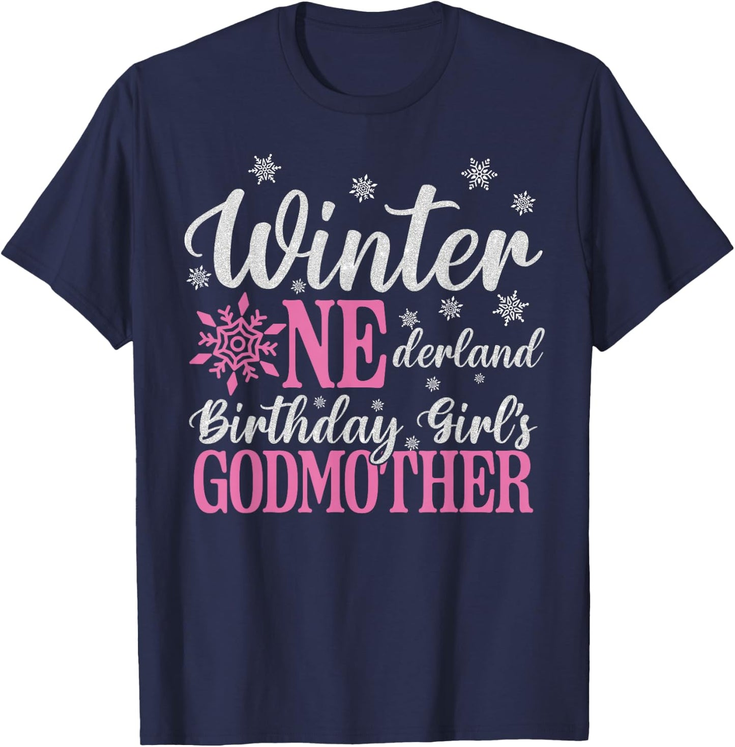 Godmother Pink Winter Onederland 1st Birthday Girl Snowflake T-Shirt - T-Shirt | Navy