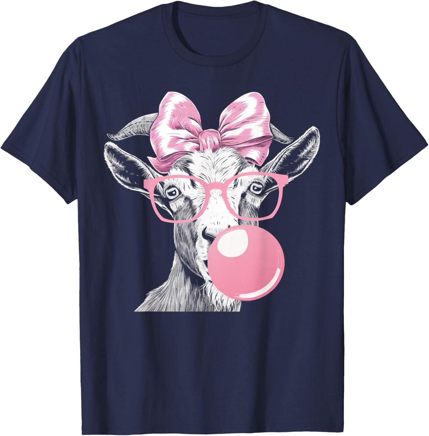 Goat Wearing Glasses and Blowing Pink Bubble Gum T-Shirt - T-Shirt | Navy