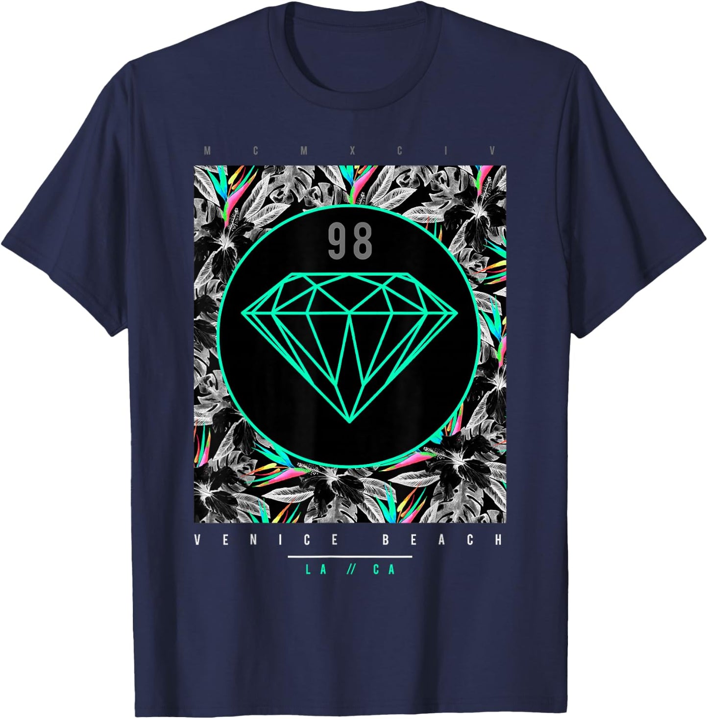 Venice Beach Diamond Color Floral Print T-Shirt - T-Shirt | Navy