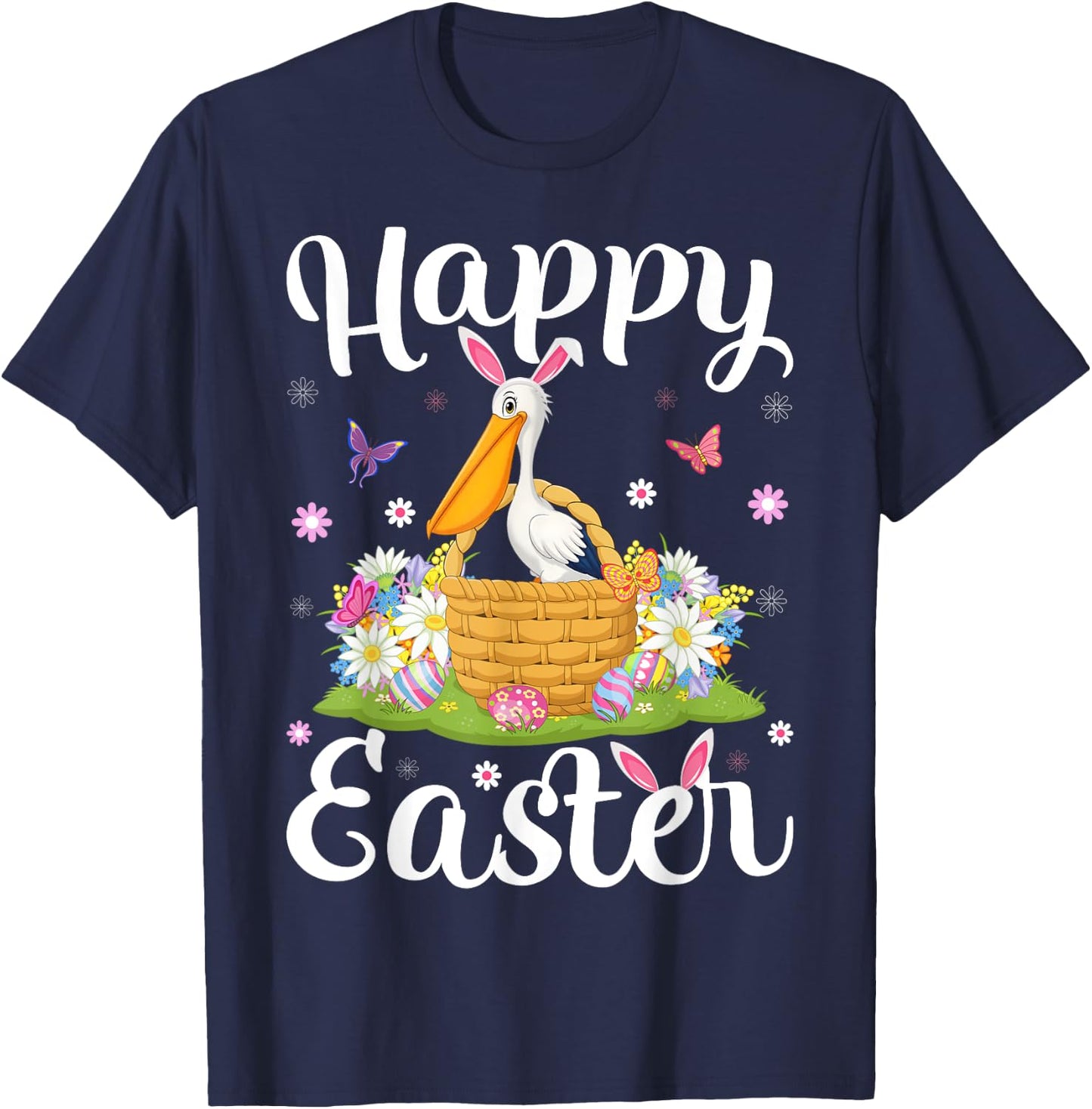 Pelican Bird Happy Easter Egg Hunt Bunny Ear Pelican Easter T-Shirt - T-Shirt | Navy