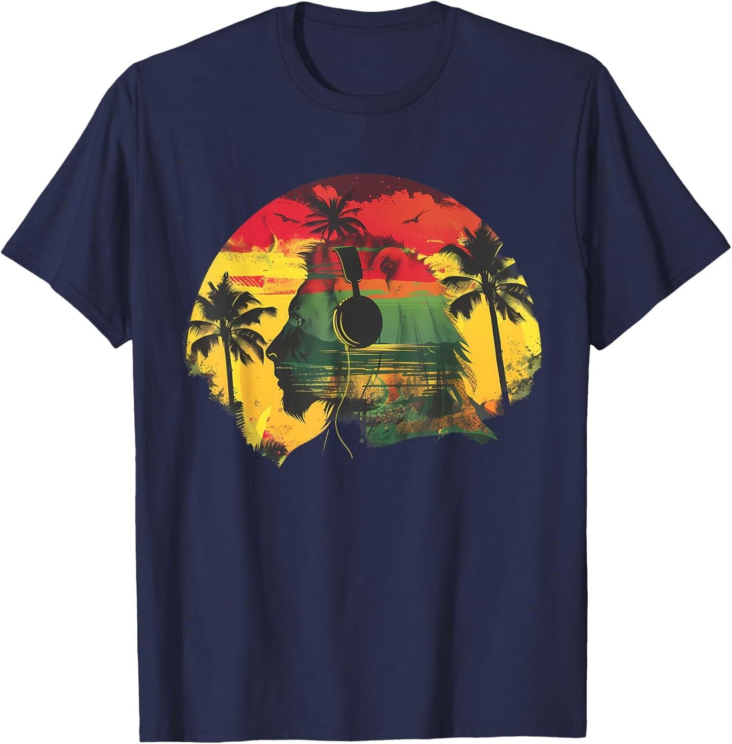 Rasta Reggae Music Headphones Jamaican Lion Of Judah T-Shirt - T-Shirt | Navy