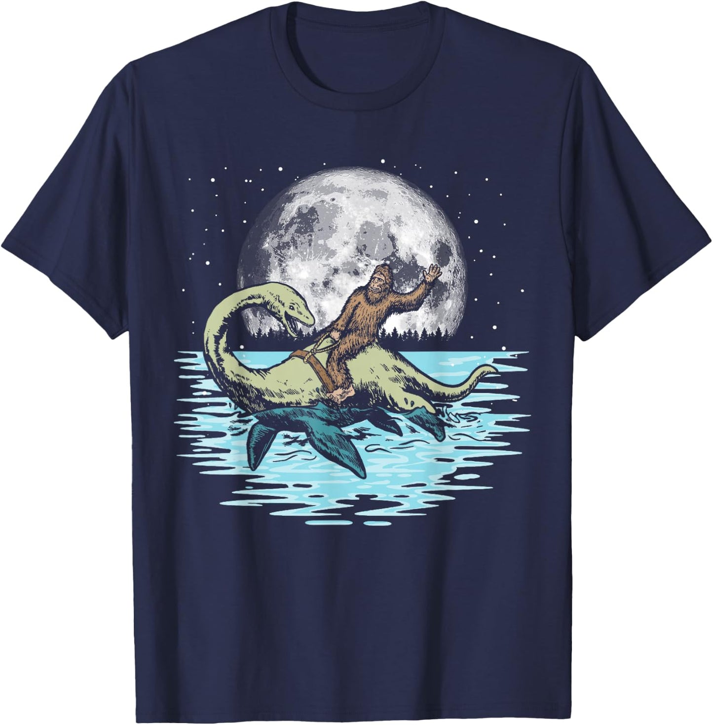 Funny Bigfoot Riding Nessie Loch Ness Monster & Full Moon T-Shirt - T-Shirt | Navy