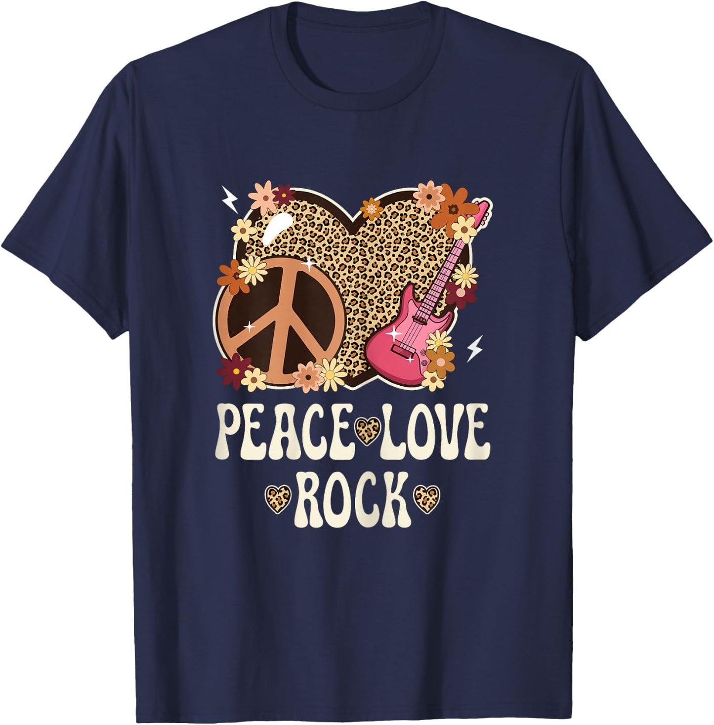 Peace Love Rock And Roll Leopard Print Women Rock Outfit T-Shirt - T-Shirt | Navy