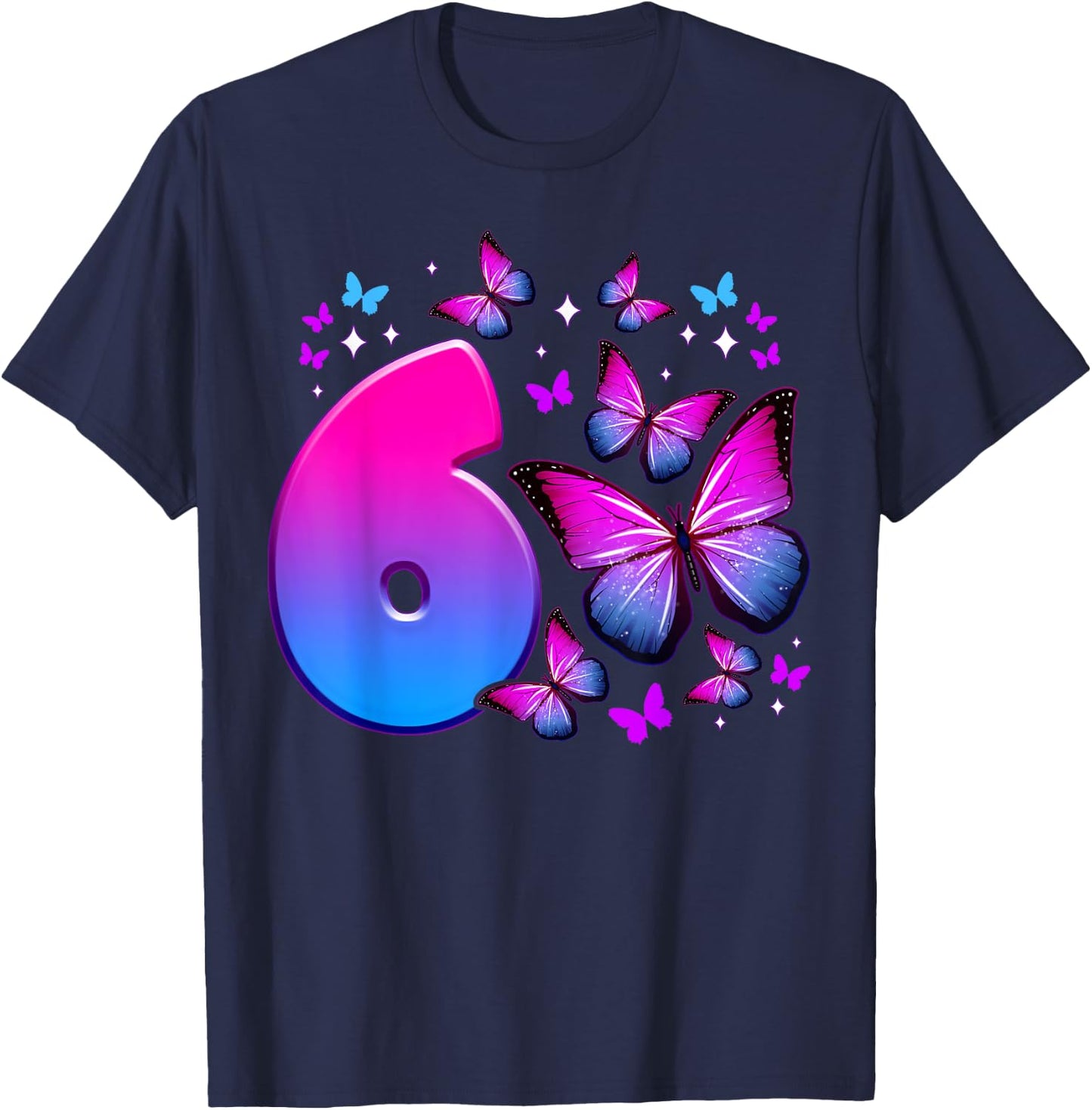 Geburtstag Mädchen 6 Jahre alt, Schmetterling, Nummer 6 T-Shirt - T-Shirt | Navy