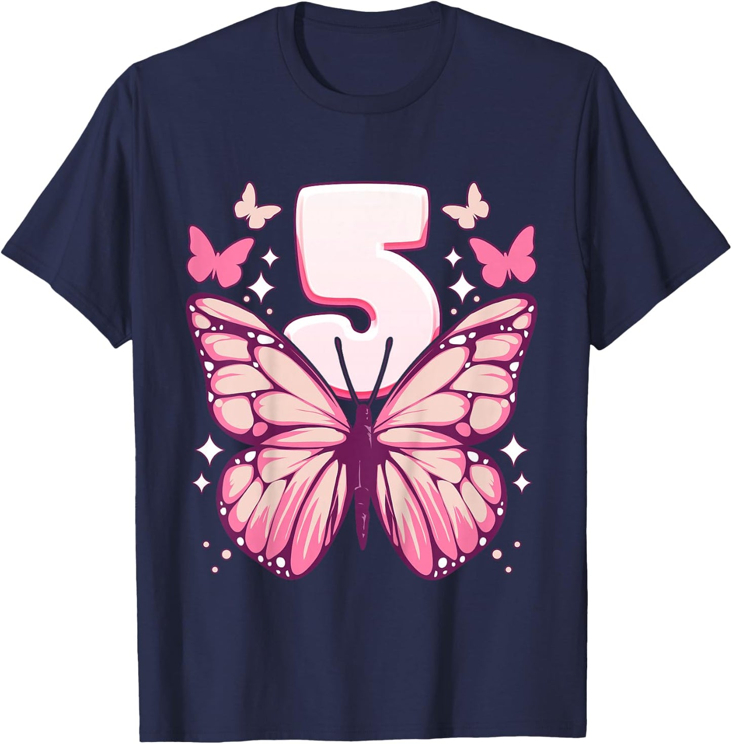Geburtstag Mädchen 5 Jahre, Schmetterlinge und Nummer 5 T-Shirt - T-Shirt | Navy