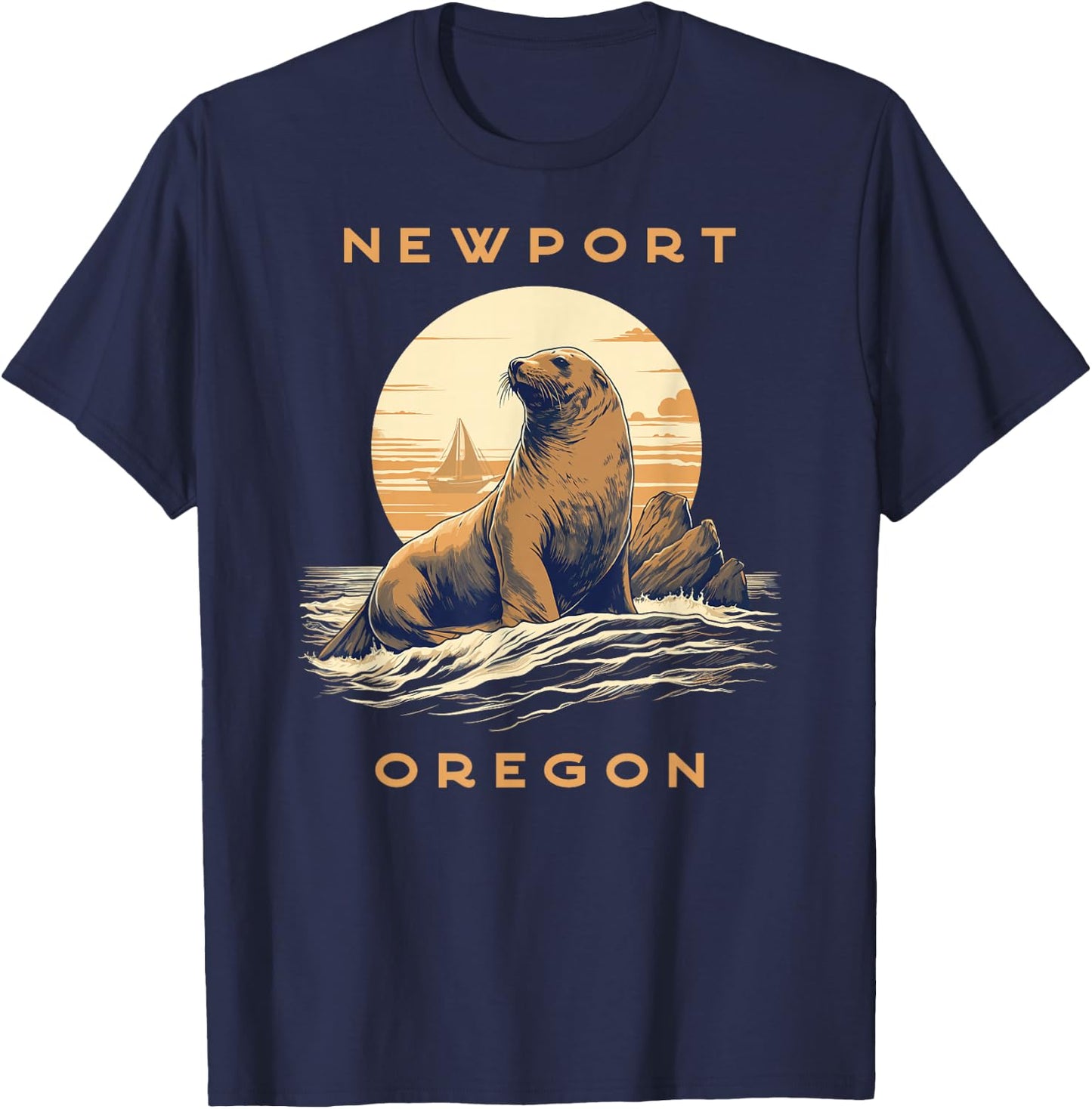 Newport Oregon Vintage Coastal Sea Lion T-Shirt - T-Shirt | Navy