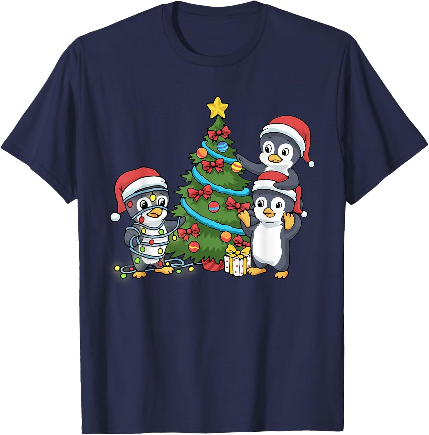 Kids Christmas Penguin Christmas Tree Lights Baubles T-Shirt - T-Shirt | Navy