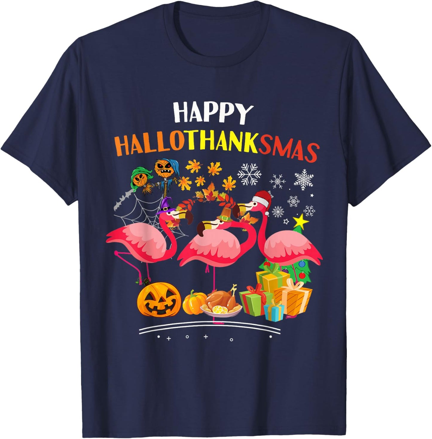 Flamingo Halloween Merry Christmas happy Hallothanksmas T-Shirt - T-Shirt | Navy