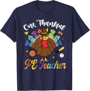 One Thankful PE Teacher Turkey Thanksgiving -Adults & Kids Classic Fit Black Polyester 100% Short Sleeve T-Shirt - T-Shirt | Navy