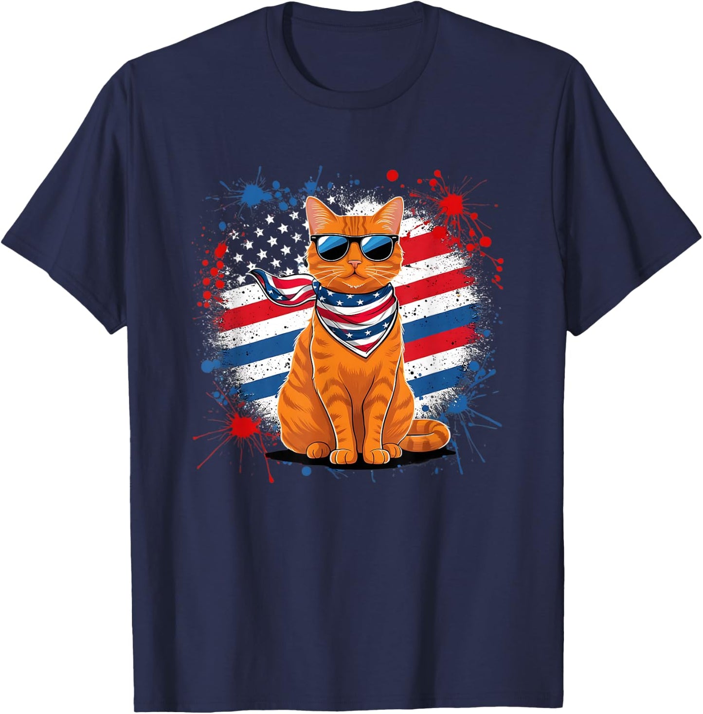 Funny Vintage Orange Tabby Cat Sunglasses Scarf USA Flag T-Shirt - T-Shirt | Navy