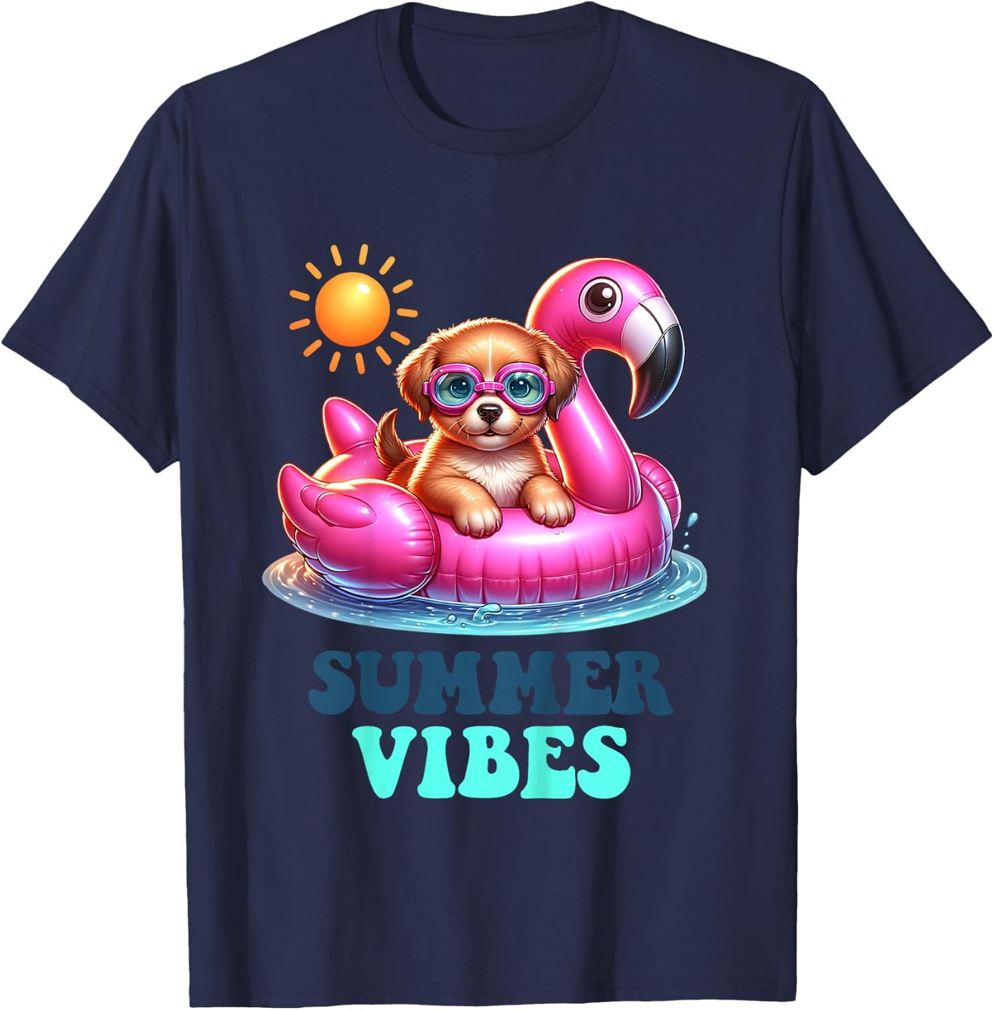 Kids Summer Vibes Beach Lover Cute Puppy Dog Pink Flamingo Girls T-Shirt - T-Shirt | Navy