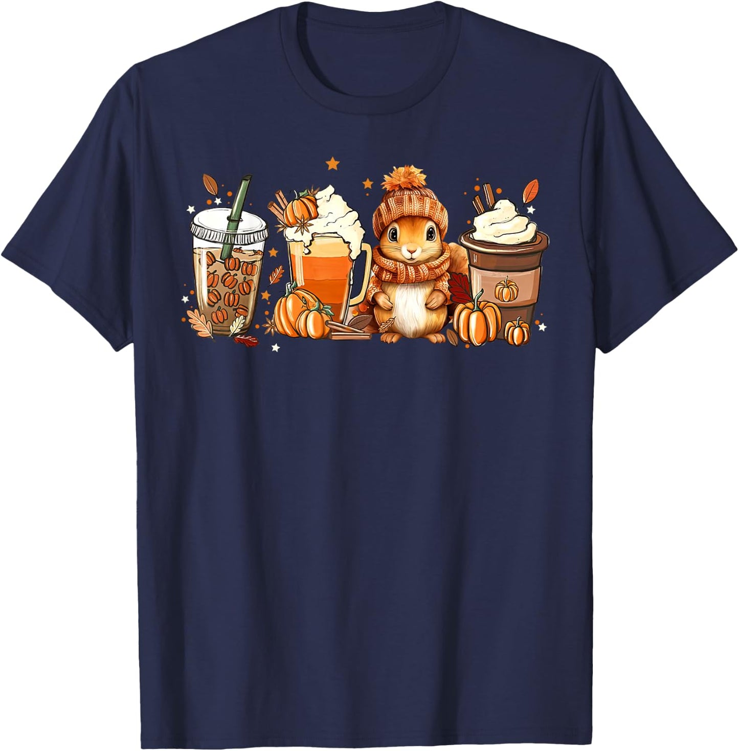 Cute Squirrel Pumpkin Spice Latte Fall Coffee Autumn T-Shirt - T-Shirt | Navy