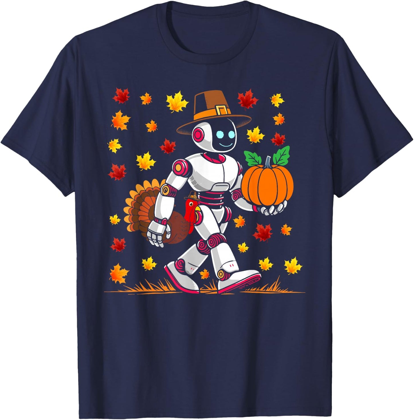 Robot thanksgiving Pilgrim Turkey Pumpkin fall autumn leaves T-Shirt - T-Shirt | Navy