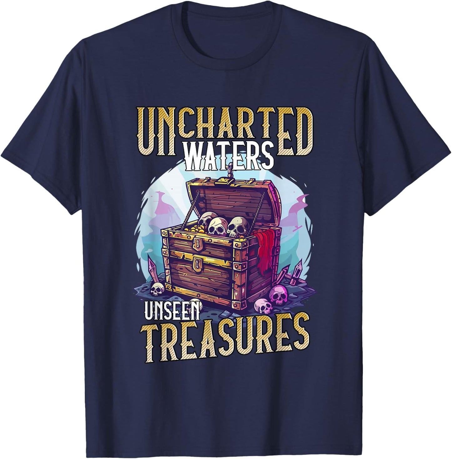 Skull and Crossbones Design Uncharted Waters , Black, S T-Shirt - T-Shirt | Navy
