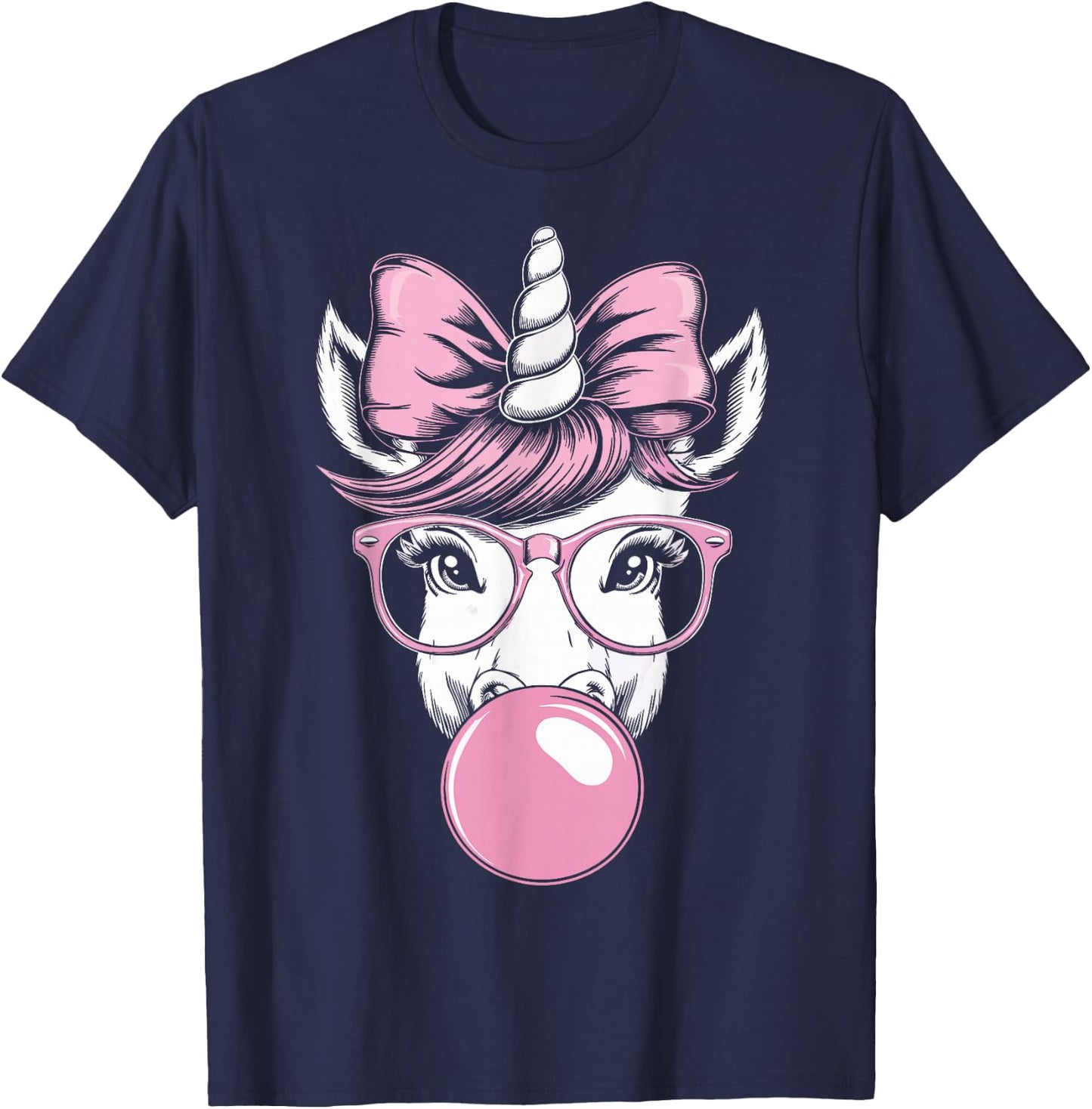 Unicorn Wearing Glasses and Blowing Pink Bubble Gum T-Shirt - T-Shirt | Navy