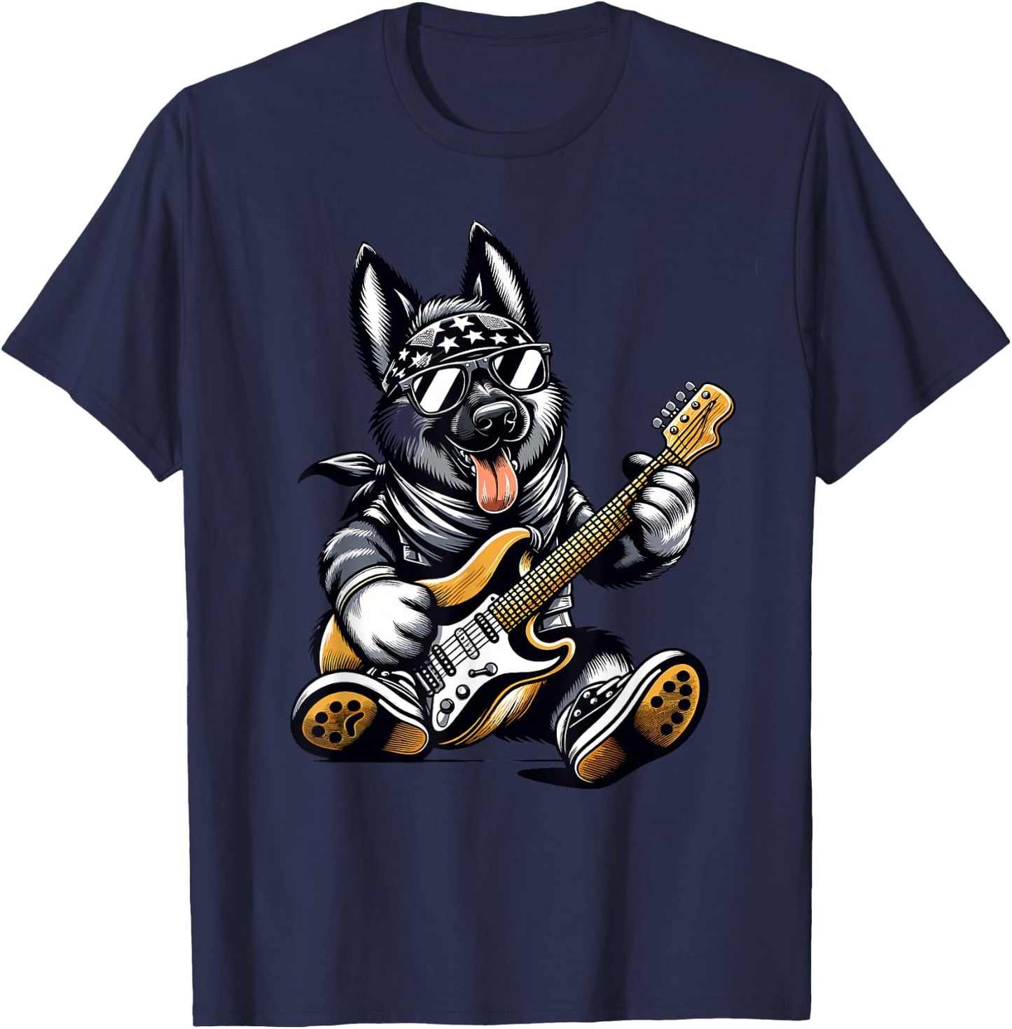Rock Dog Playing Guitar, Funny Guitar German Shepherd Dog T-Shirt - T-Shirt | Navy